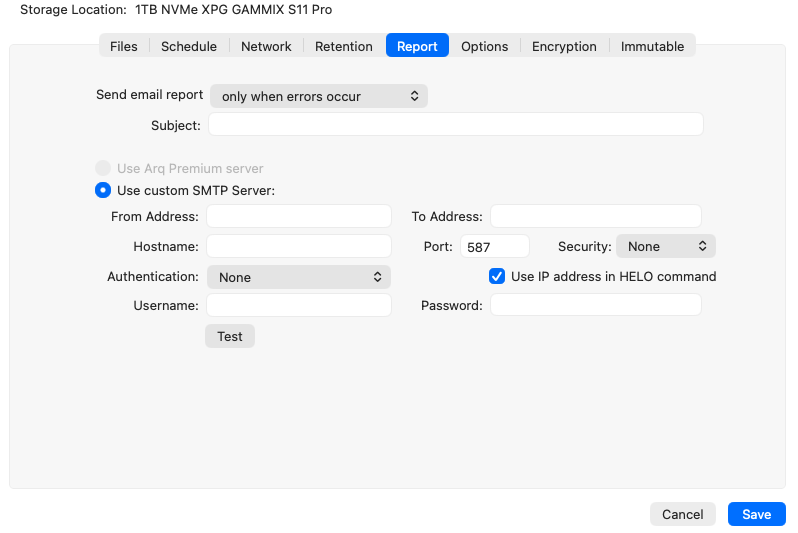 Arq Report tab on a local backup plan: Use Arq Premium server is greyed out