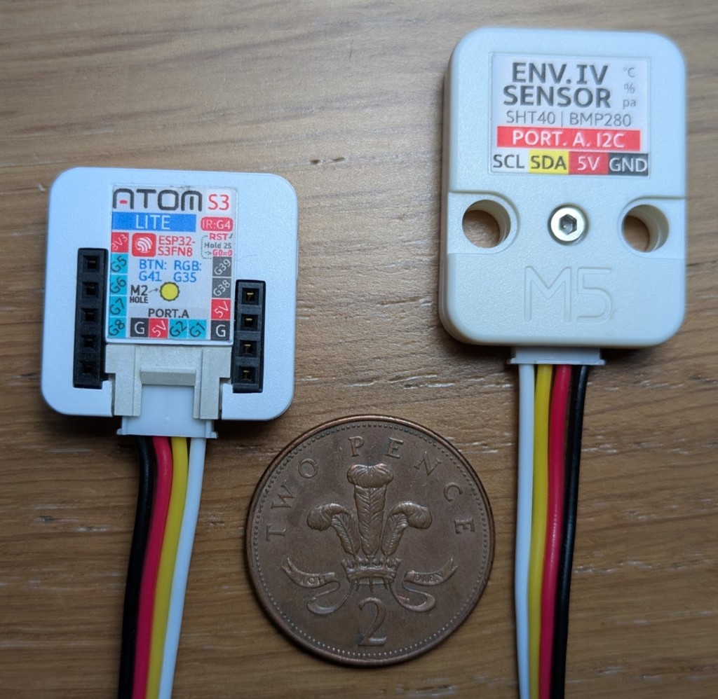 M5Stack AtomS3 Lite and Unit ENV IV sensor with a two-pence coin for scale